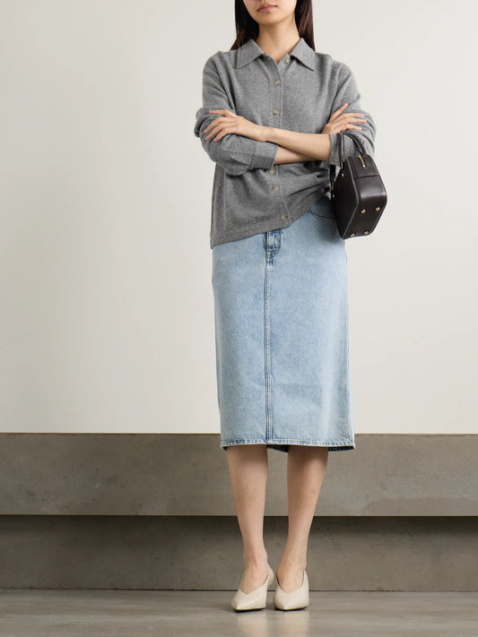 Image of a model wearing Outerwear. Product name - Cashmere Cardigan in Gray colour by brand - TOTEME