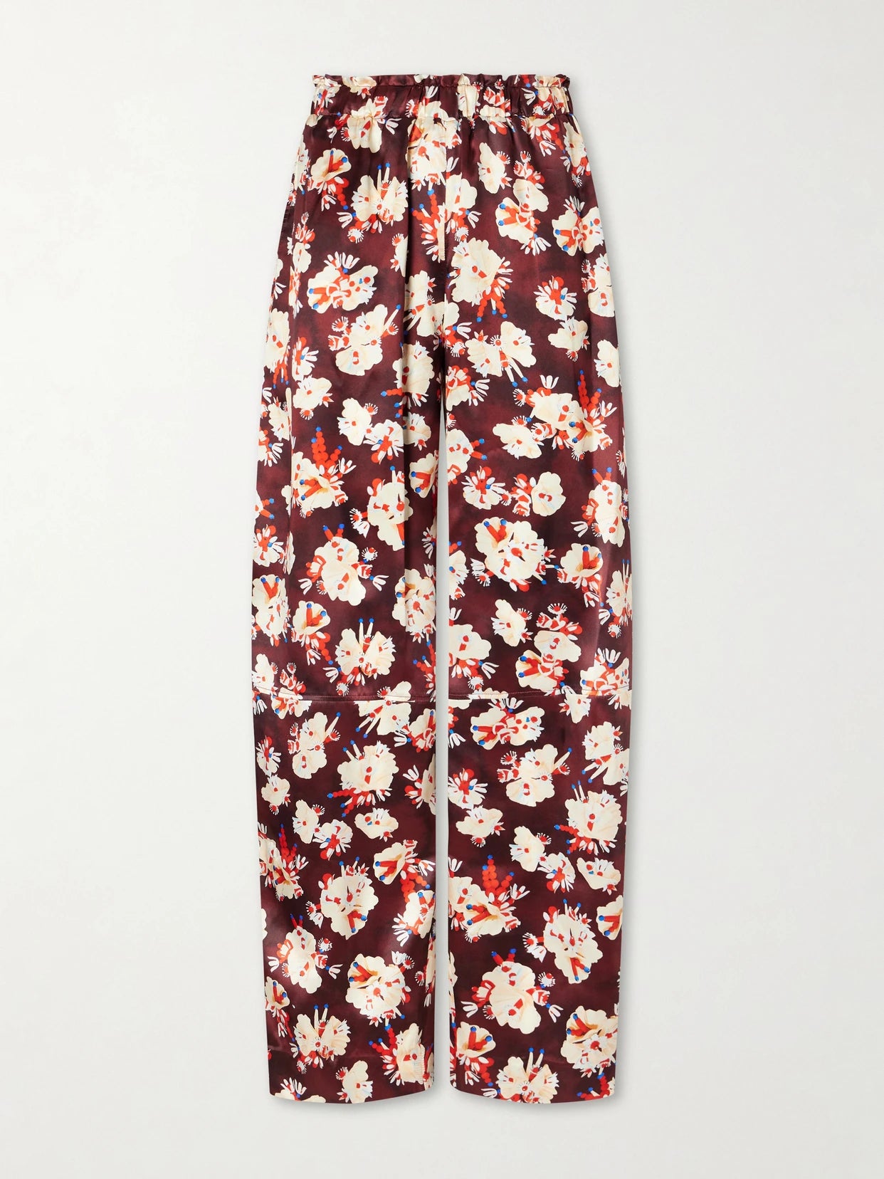 Image of a model wearing Pants. Product name - Floral-print Wide-leg Silk Pants in Burgundy colour by brand - RABANNE