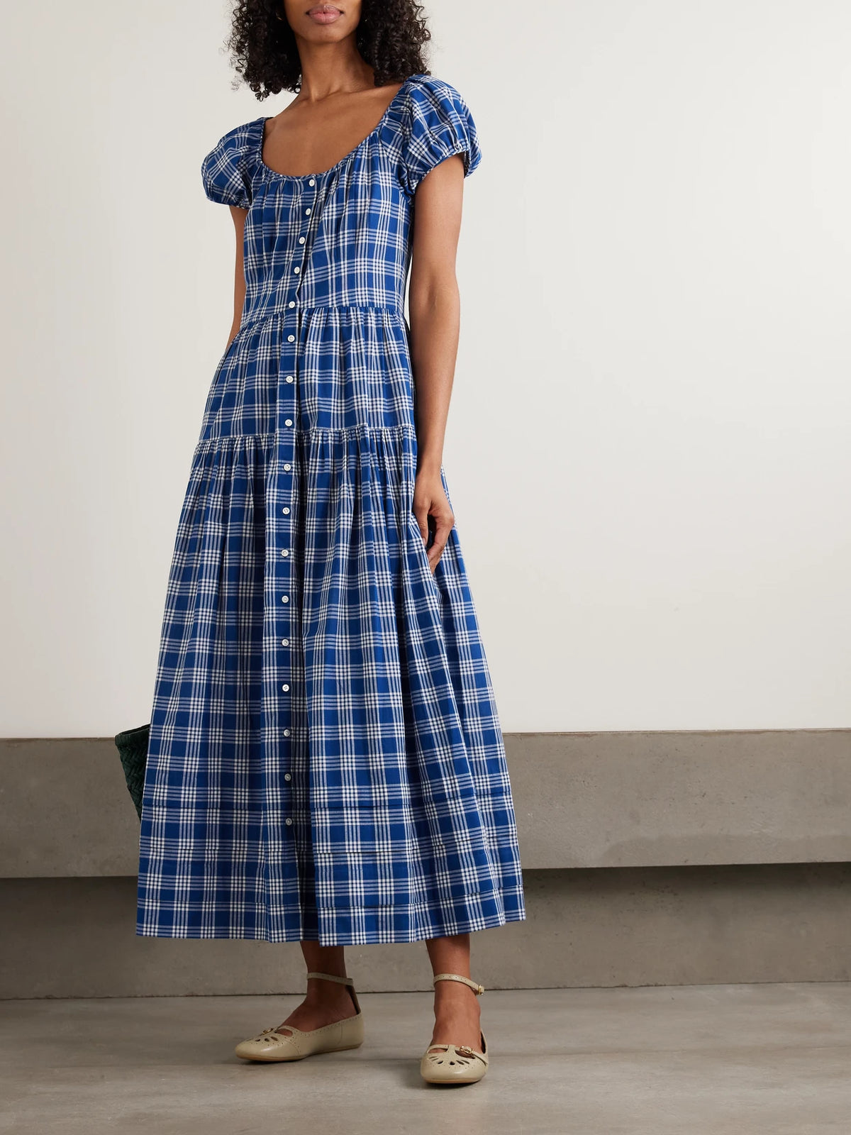 Image of Dresses. Product name - Valenne Tiered Checked Organic Cotton Midi Dress in Blue colour by brand - DÔEN