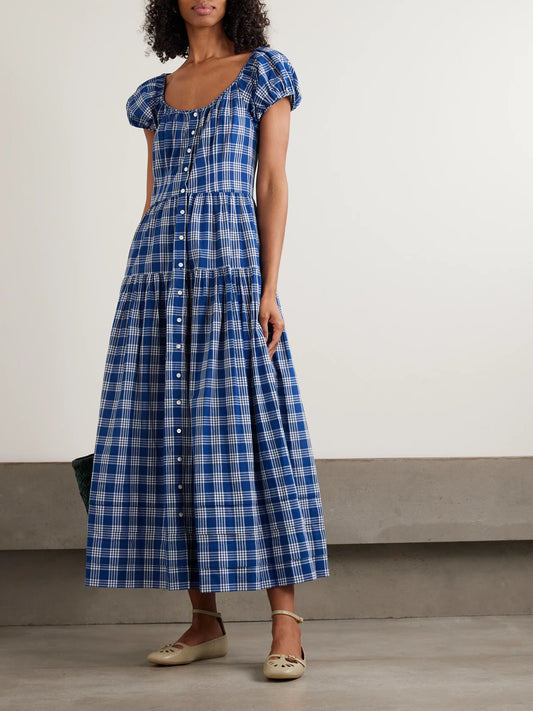 Image of Dresses. Product name - Valenne Tiered Checked Organic Cotton Midi Dress in Blue colour by brand - DÔEN
