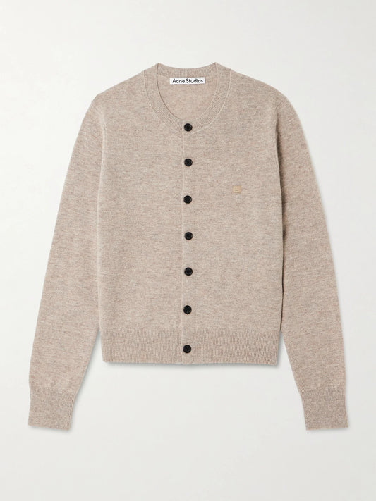 Image of a model wearing Outerwear. Product name - Appliquéd Wool And Yak Hair-blend Cardigan in Beige colour by brand - Acne Studios