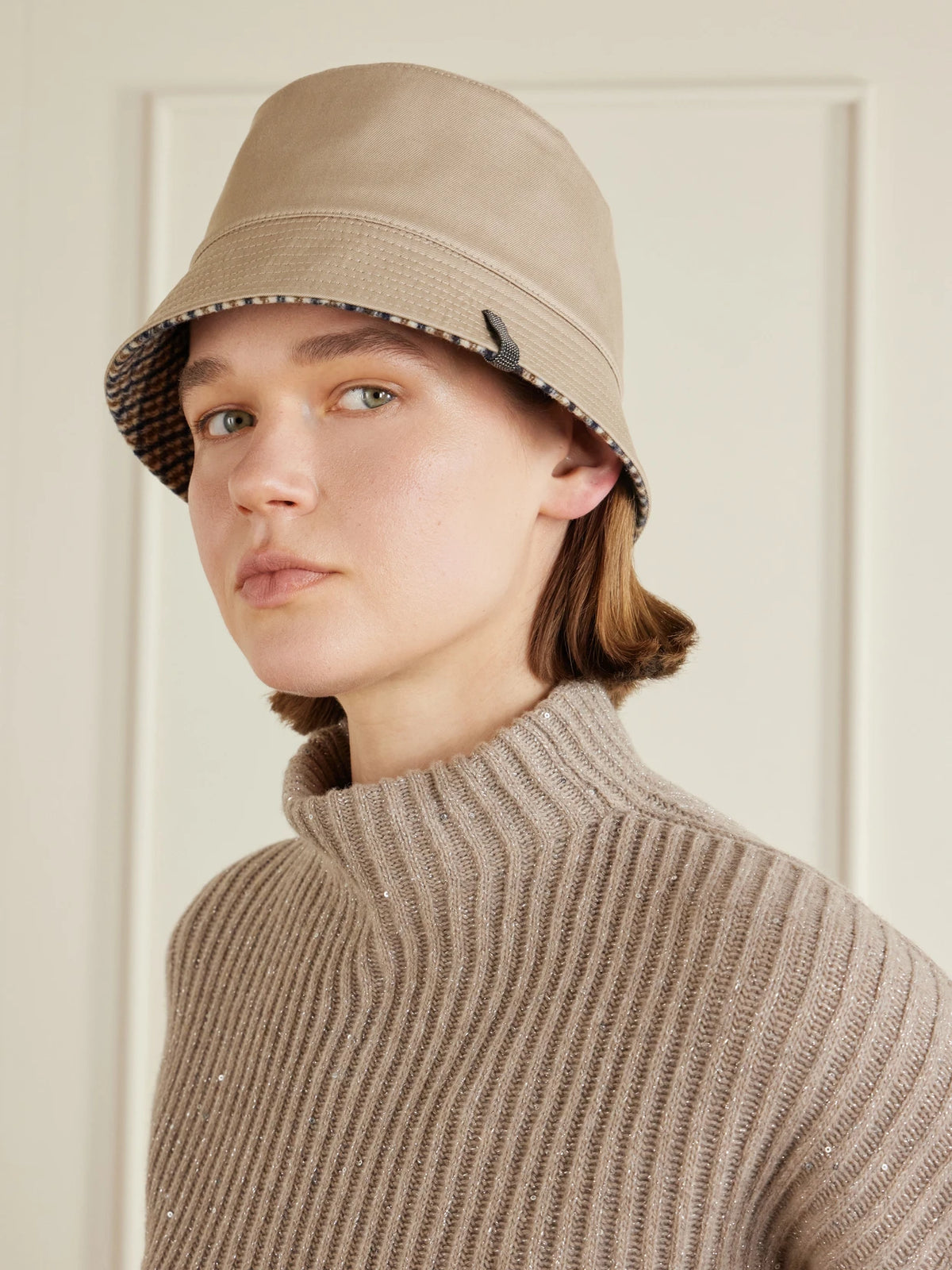 Image of Hats. Product name - Reversible Embellished Checked Cotton And Linen-blend Twill Buckle Hat in Beige colour by brand - Brunello Cucinelli