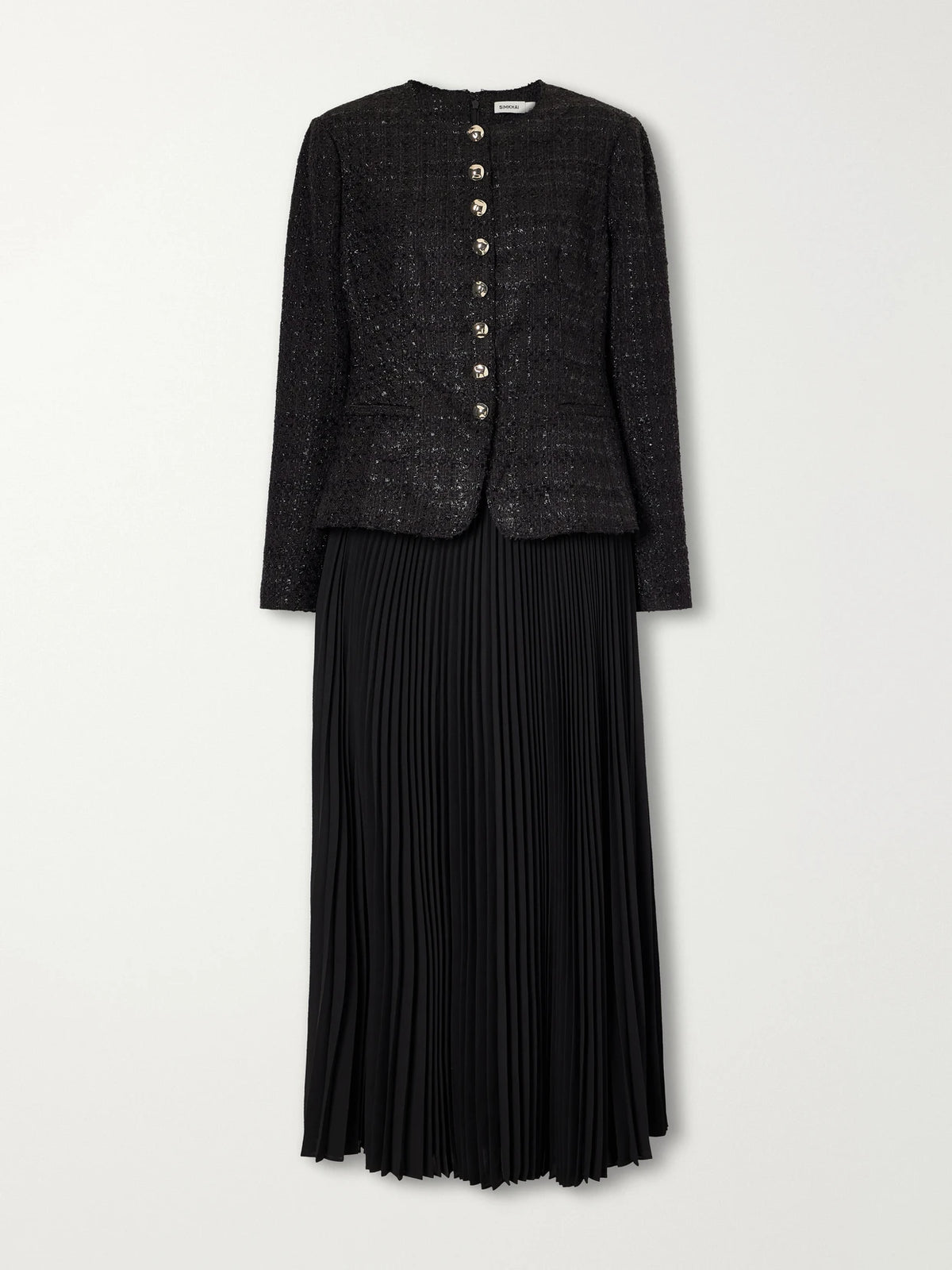 SIMKHAI Claudina Layered Pleated Tweed And Organza Maxi Dress