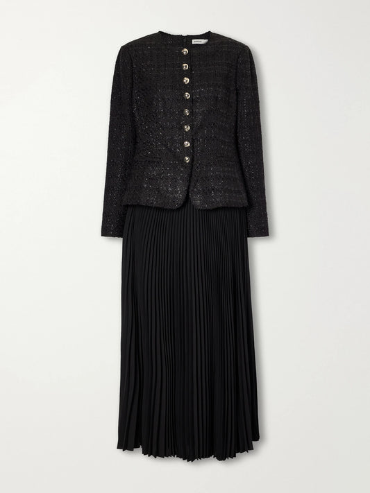 SIMKHAI Claudina Layered Pleated Tweed And Organza Maxi Dress