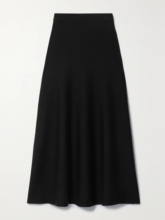 Image of a model wearing Skirts. Product name - Freddie Wool, Cashmere And Silk-blend Midi Skirt in Black colour by brand - Gabriela Hearst