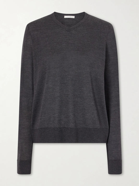 Image of a model wearing Outerwear. Product name - Ondre Cashmere And Silk-blend Sweater in Anthracite colour by brand - The Row