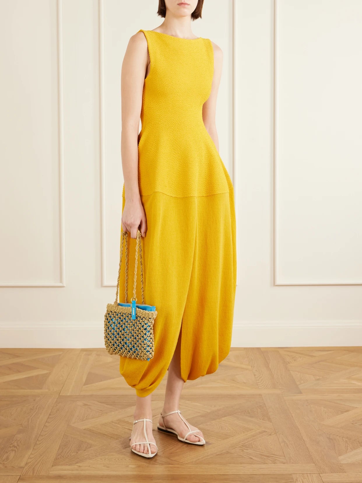 Image of Dresses. Product name - Sukki Open-back Draped Jersey Midi Dress in Mustard colour by brand - Proenza Schouler