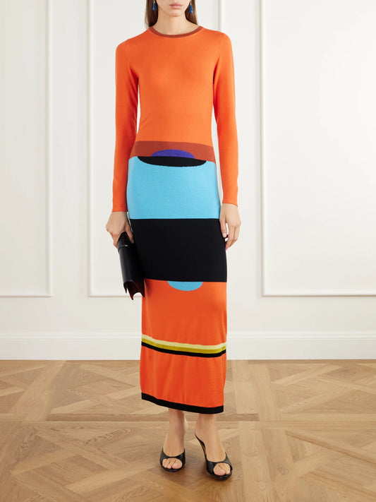 Image of Dresses. Product name - Striped Intarsia-knit Merino Wool And Silk-blend Maxi Dress in Multi colour by brand - Christopher John Rogers