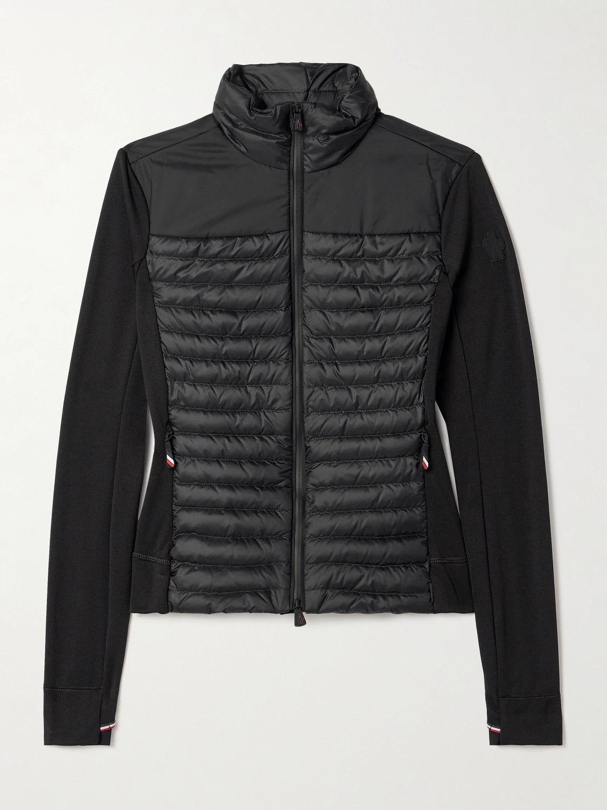 Image of a model wearing Tops. Product name - Power Grid Paneled Polartec Jersey And Quilted Shell Down Base Layer in Black colour by brand - Moncler Grenoble