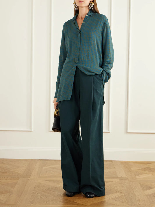 Image of a model wearing Tops. Product name - Paneled Checked Crepe Shirt in Green colour by brand - Dries Van Noten