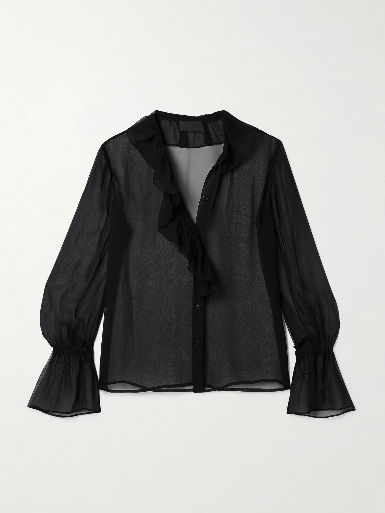 Image of a model wearing Tops. Product name - Cecily Ruffled Silk-chiffon Blouse in Black colour by brand - Nili Lotan