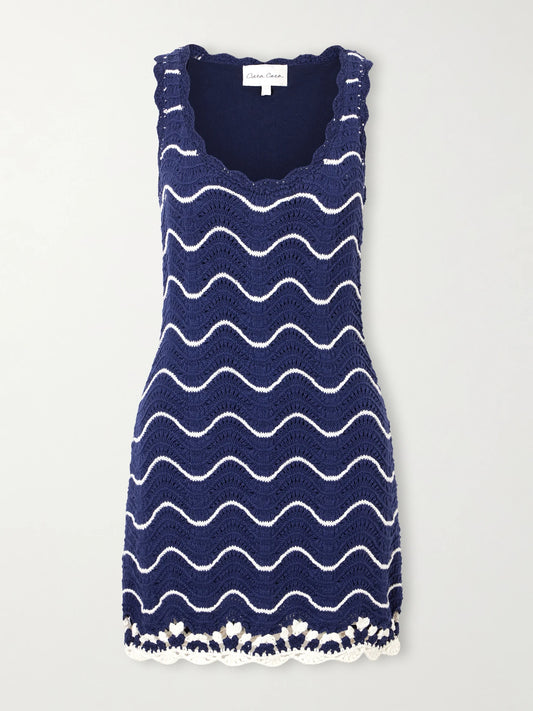 Image of Dresses. Product name - Orel Scalloped Striped Cotton Knit Mini Dress in Navy colour by brand - Cara Cara