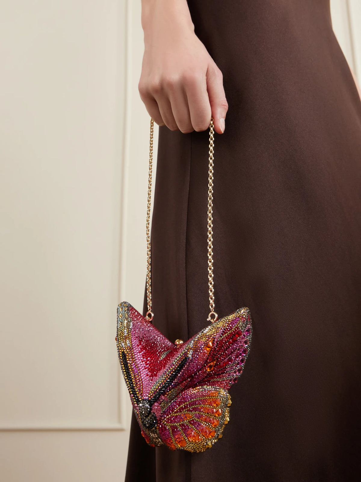 Image of Bags. Product name - Butterfly Fireclipper Crystal-embellished Gold-tone Clutch in Multi colour by brand - Judith Leiber Couture