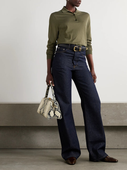 Image of a model wearing Outerwear. Product name - Cotton Polo Shirt in Dark green colour by brand - Loro Piana