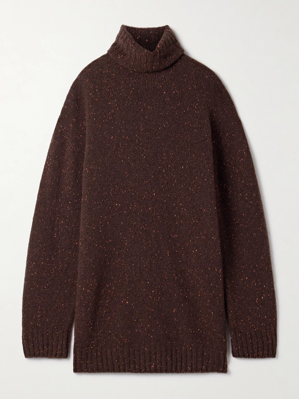 Image of a model wearing Outerwear. Product name - Mirai Cashmere Turtleneck Sweater in Burgundy colour by brand - The Row
