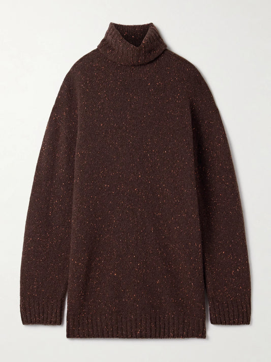 Image of a model wearing Outerwear. Product name - Mirai Cashmere Turtleneck Sweater in Burgundy colour by brand - The Row