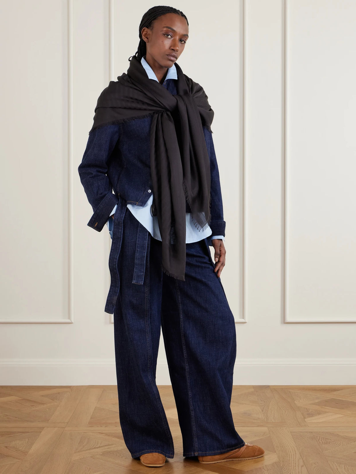 Image of Scarves & Shawls. Product name - Fringed Wool And Silk-blend Jacquard Scarf in Dark brown colour by brand - LOEWE