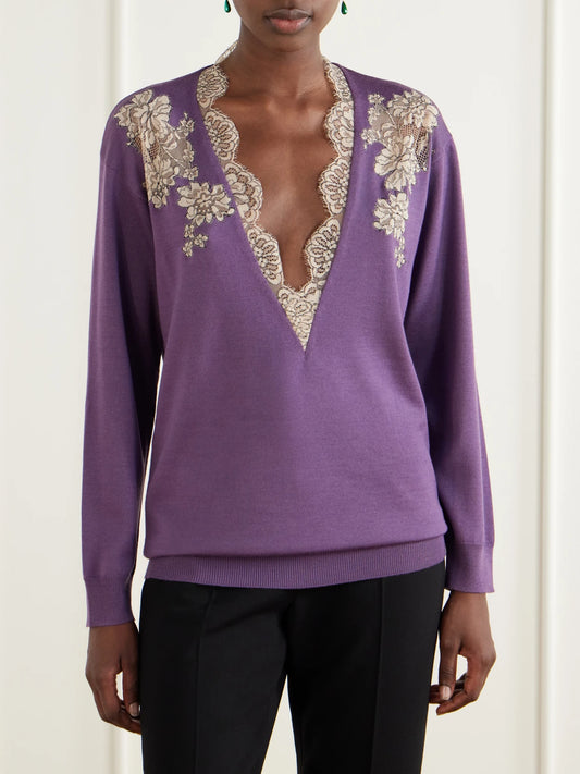 Valentino Garavani Lace-trimmed Virgin Wool Sweater