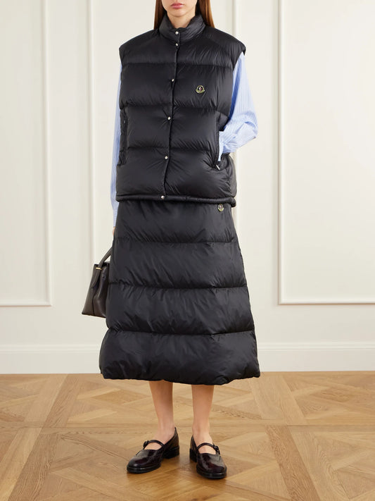 Image of Coats & Jackets. Product name - Logo-appliquéd Quilted Shell Down Vest in Black, Camel colour by brand - Moncler