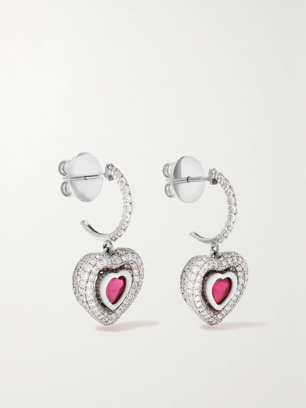 Manaal Heart 18-karat White Gold, Enamel, Ruby And Diamond Earrings