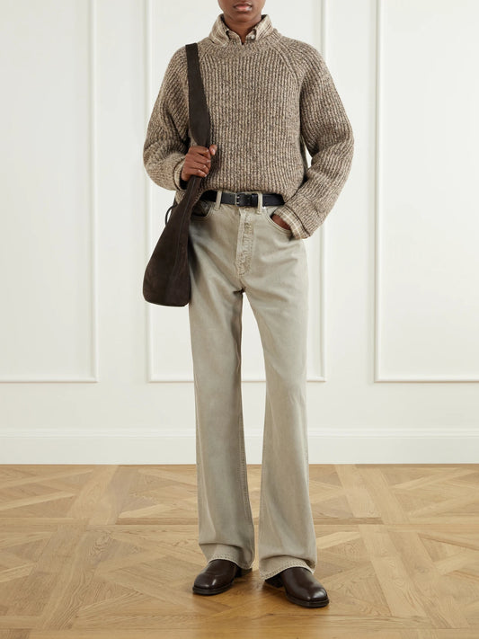 Image of a model wearing Outerwear. Product name - Ribbed Mélange Wool Sweater in Brown, Pastel pink colour by brand - &Daughter