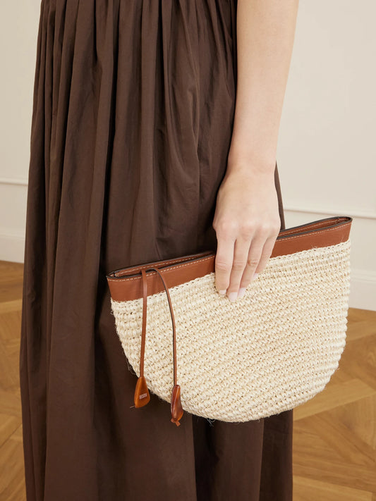 Image of Bags. Product name - Leather-trimmed Raffia Clutch in Neutral colour by brand - Hunting Season