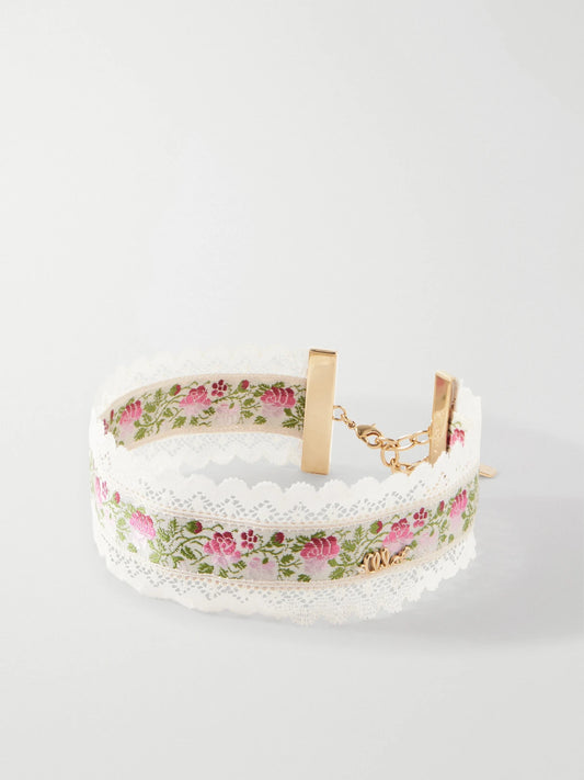 Chloé Ribbon Lace-trimmed Floral-jacquard Gold-tone Choker