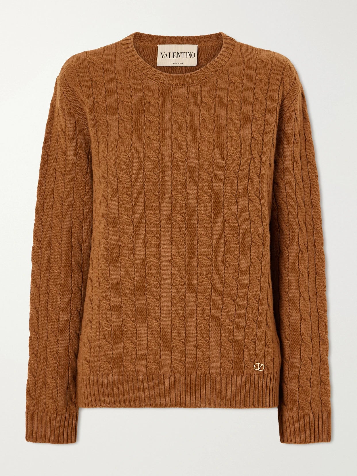 Image of a model wearing Outerwear. Product name - Cable-knit Cashmere Sweater in Brown colour by brand - Valentino Garavani