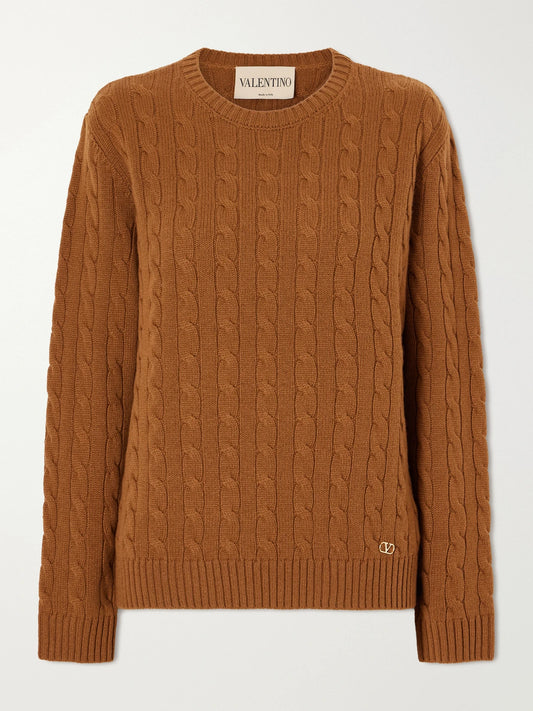 Image of a model wearing Outerwear. Product name - Cable-knit Cashmere Sweater in Brown colour by brand - Valentino Garavani