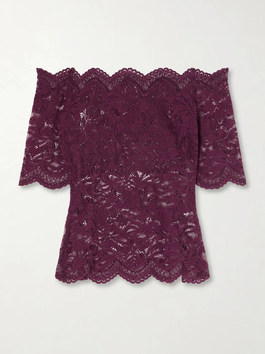 Image of a model wearing Tops. Product name - Off-the-shoulder Lace Blouse in Burgundy colour by brand - RABANNE