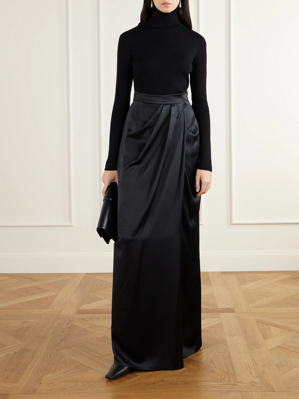 Image of a model wearing Skirts. Product name - Camera Draped Silk-satin Maxi Skirt in Black colour by brand - Max Mara