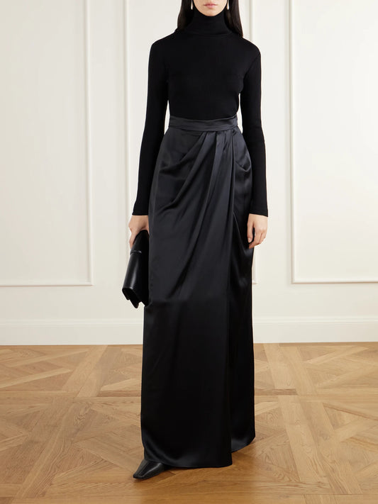 Image of a model wearing Skirts. Product name - Camera Draped Silk-satin Maxi Skirt in Black colour by brand - Max Mara