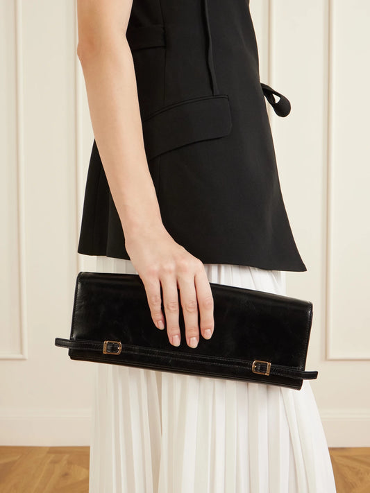 Image of Bags. Product name - River East-west Moto Leather Clutch Bag in Black colour by brand - SIMKHAI