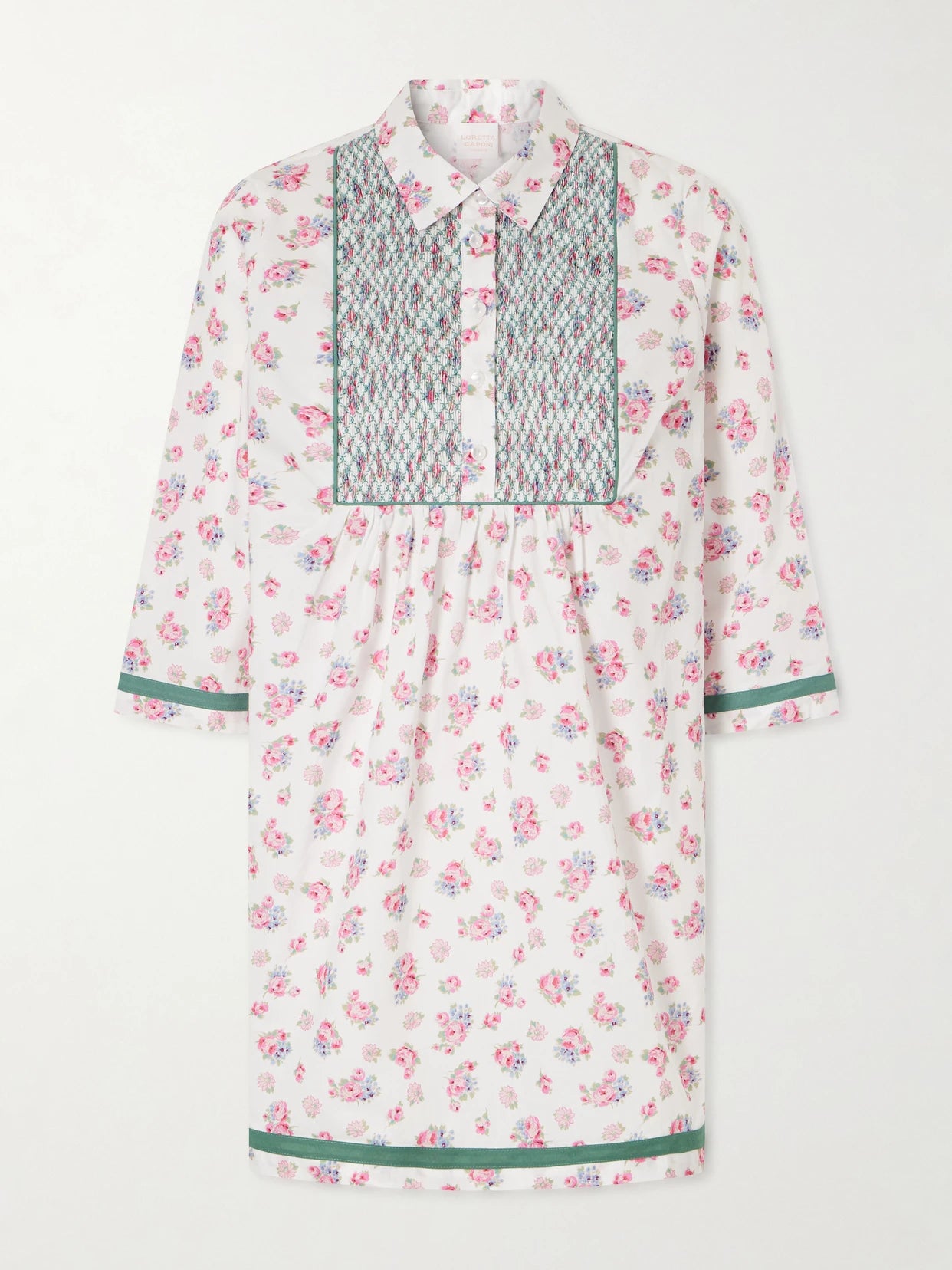 Image of Dresses. Product name - Alassio Shirred Embroidered Floral-print Cotton-poplin Mini Dress in Multi colour by brand - Loretta Caponi