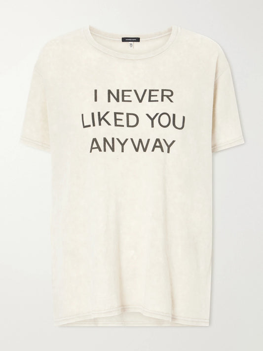Image of a model wearing Tops. Product name - Printed Cotton And Cashmere-blend T-shirt in Off-white colour by brand - R13