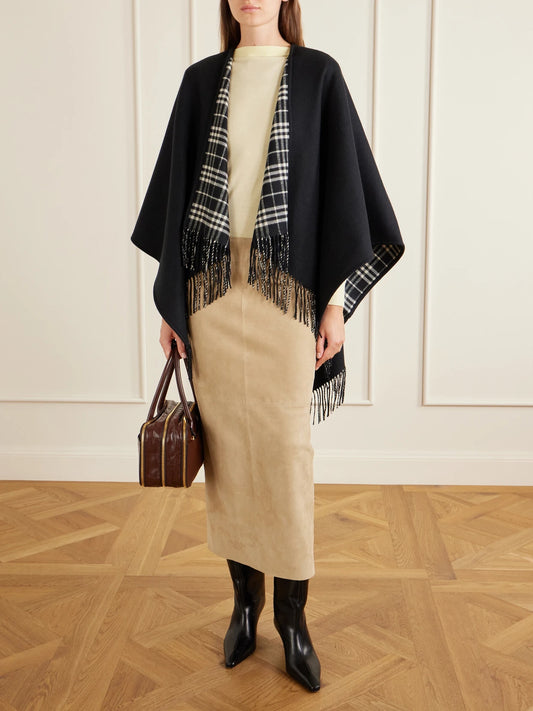 Image of Coats & Jackets. Product name - Reversible Fringed Checked Wool Cape in Black colour by brand - Burberry