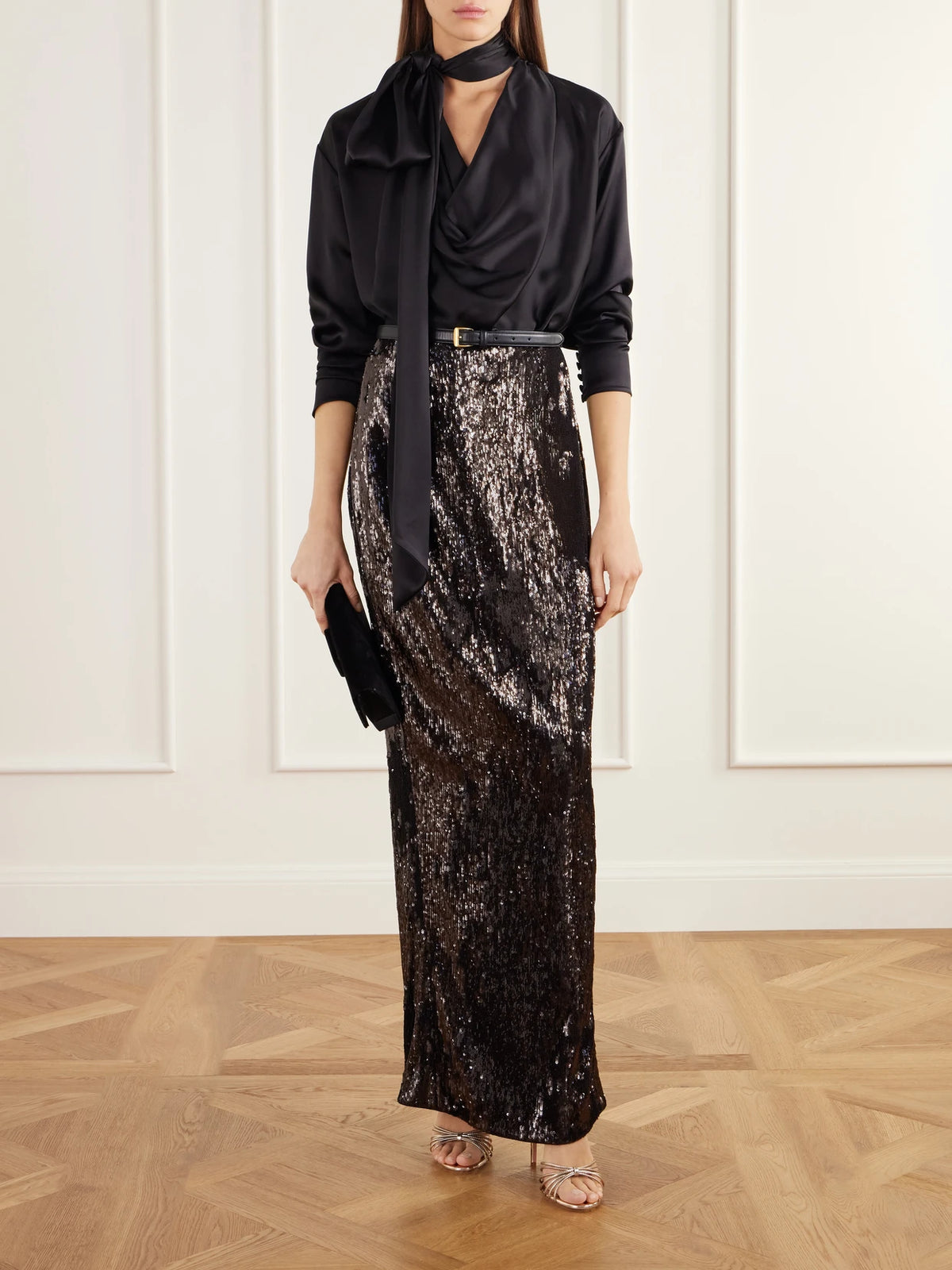 Image of a model wearing Skirts. Product name - Sequined Crepe Maxi Skirt in Green colour by brand - Balmain