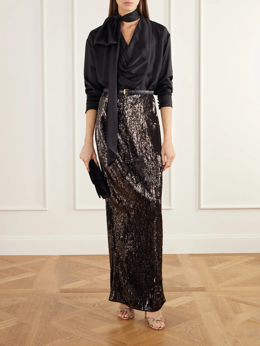 Image of a model wearing Skirts. Product name - Sequined Crepe Maxi Skirt in Green colour by brand - Balmain