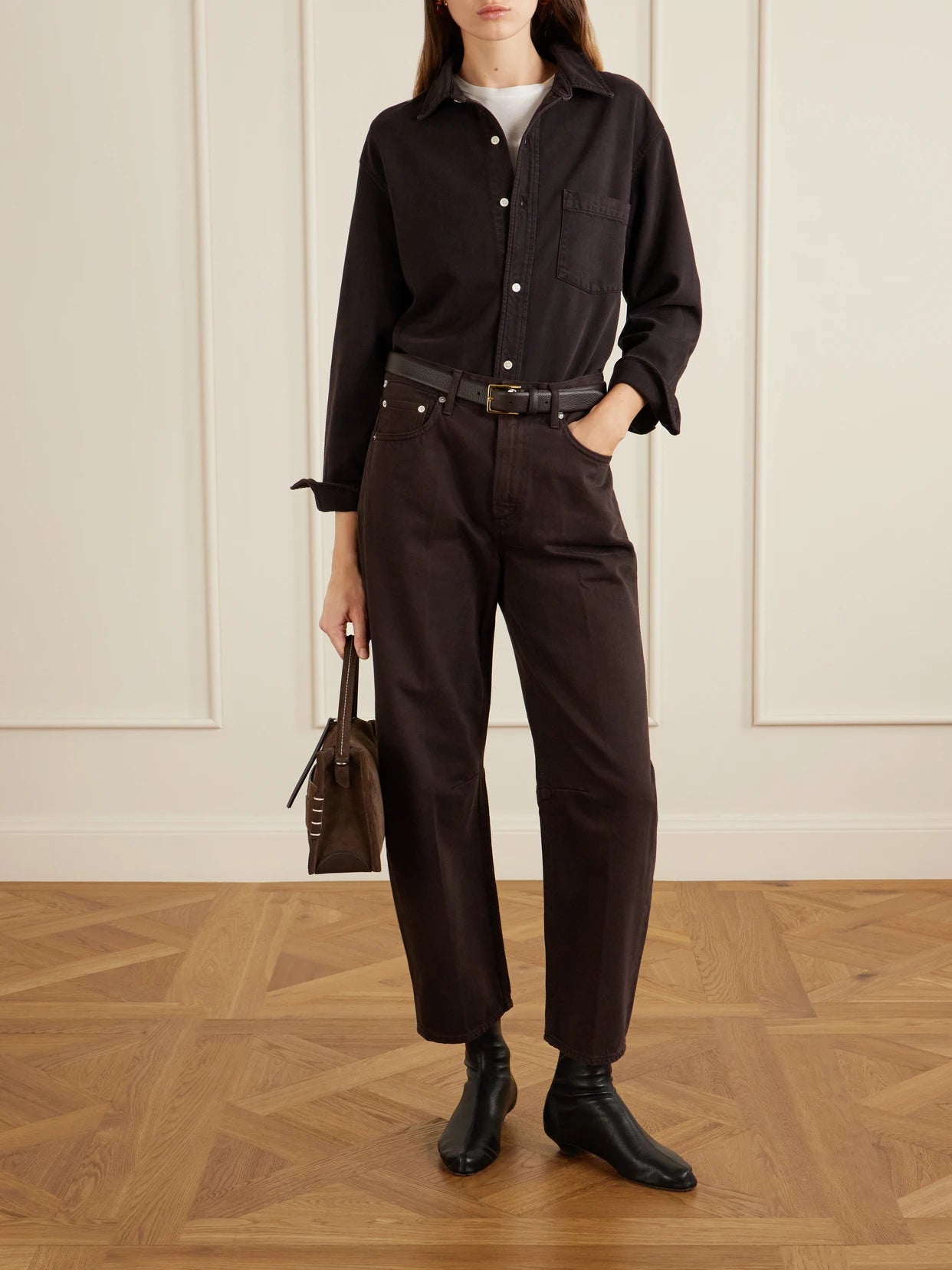 Image of a model wearing Tops. Product name - Carter Organic Cotton And Lyocell-blend Twill Shirt in Chocolate colour by brand - Citizens of Humanity