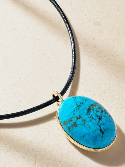 Octavia Elizabeth Jumbo Hidden Gem 18-karat Gold, Turquoise And Leather Necklace