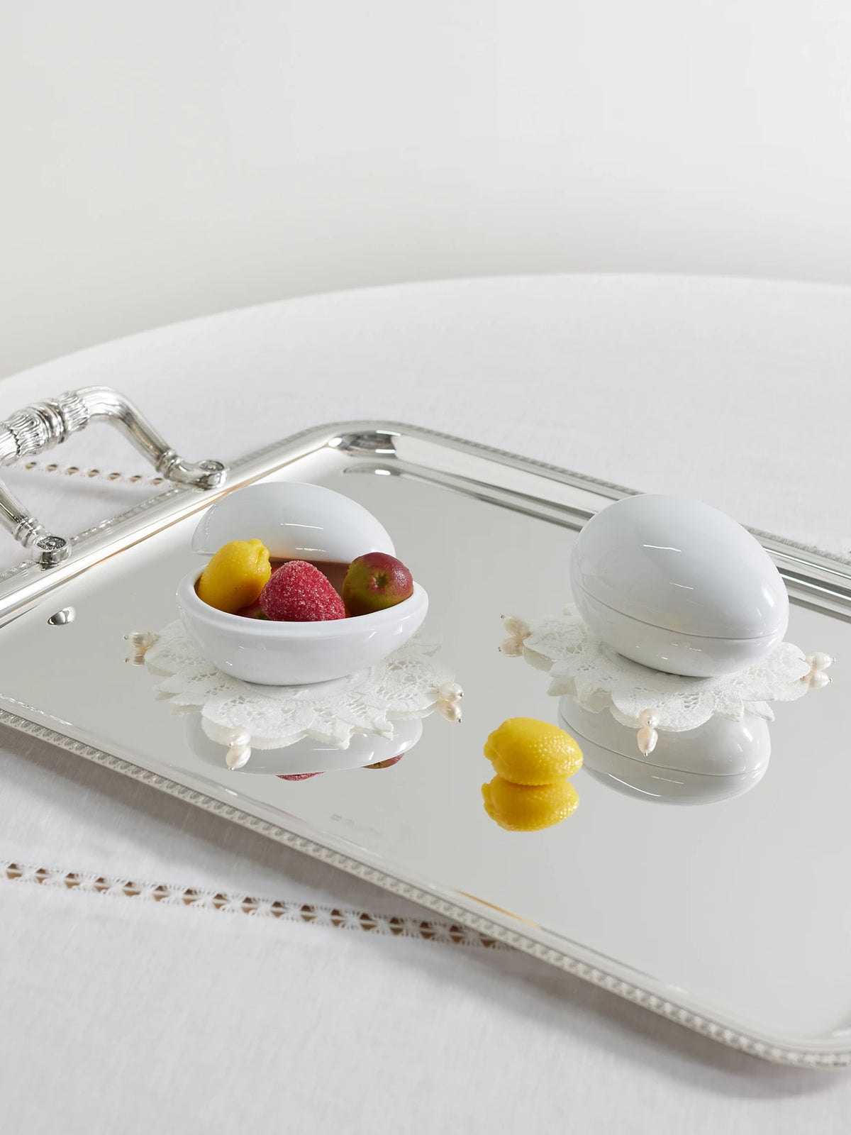Image of Decor. Product name - Egg Set Of Two Porcelain Trinket Dishes in White colour by brand - Gohar World