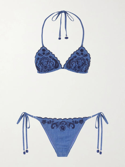 Image of Swimwear. Product name - Aster Scalloped Embroidered Denim Bikini in Blue colour by brand - Zimmermann
