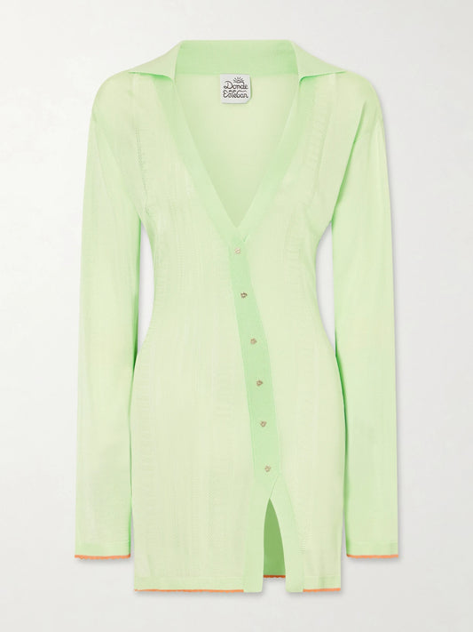 Image of Dresses. Product name - Lulo Guayabera Stretch-knit Mini Dress in Green colour by brand - Donde Esteban