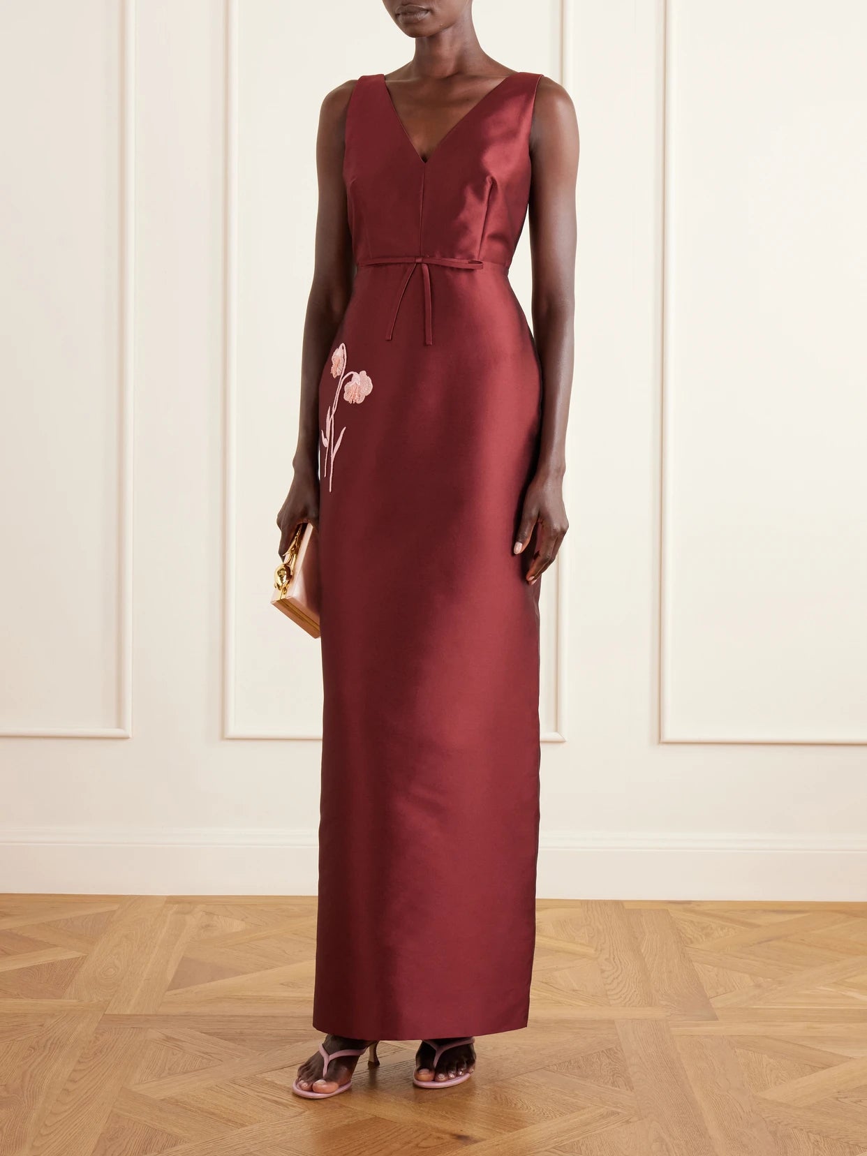 Image of Dresses. Product name - Bow-detailed Embroidered Mikado Gown in Burgundy colour by brand - Erdem
