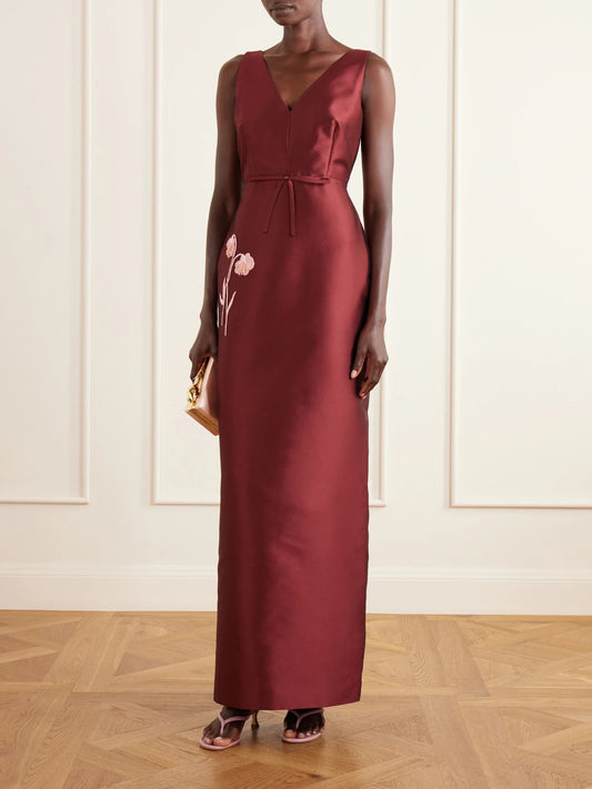 Image of Dresses. Product name - Bow-detailed Embroidered Mikado Gown in Burgundy colour by brand - Erdem