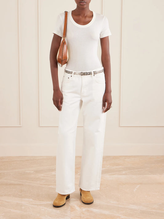 Image of a model wearing Tops. Product name - Maude Jersey T-shirt in Cream colour by brand - Citizens of Humanity