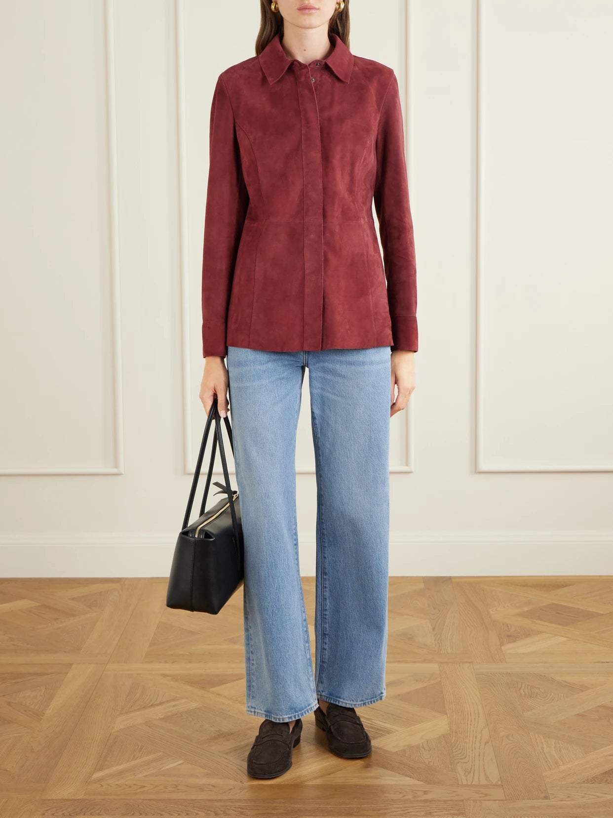 Image of a model wearing Tops. Product name - Paneled Suede Shirt in Red colour by brand - FRAME