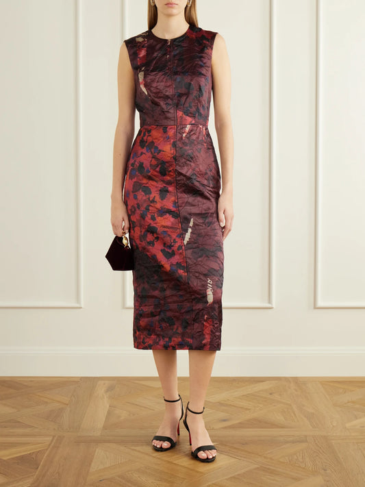 Image of Dresses. Product name - Floral-print Crinkle Paneled Satin Midi Dress in Burgundy colour by brand - Erdem