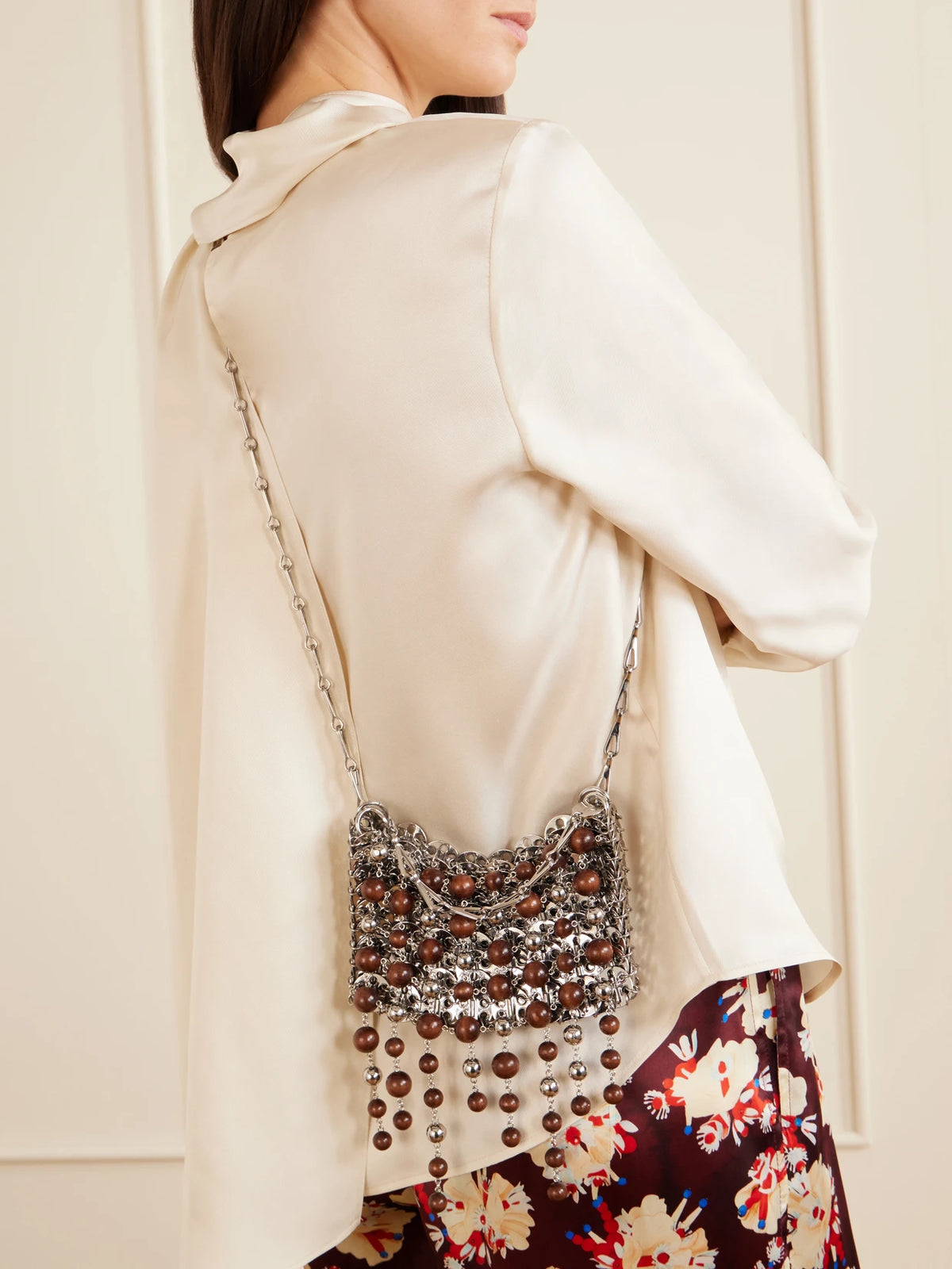 Image of Bags. Product name - 1969 Nano Fringed Beaded Chainmail Shoulder Bag in Silver colour by brand - RABANNE