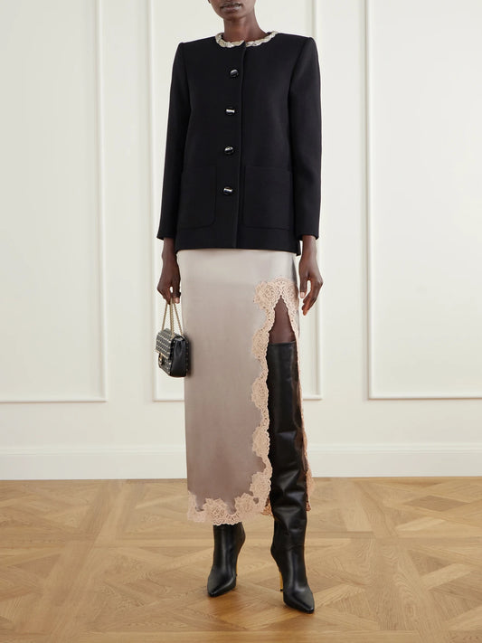 Image of a model wearing Skirts. Product name - Lace-trimmed Silk-satin Midi Skirt in Light gray colour by brand - Valentino Garavani